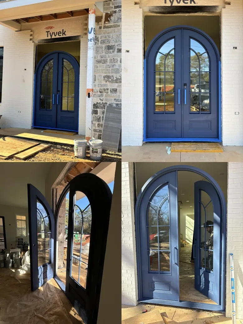 Deep-blue arched iron-and-glass double doors shown inside and out during installation
