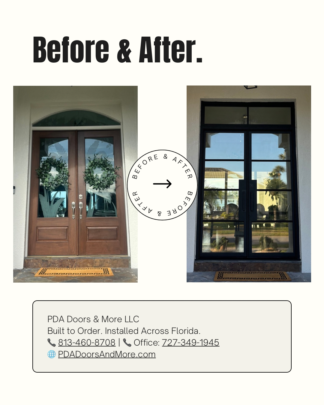 Before and after iron door transformation by PDA Doors & More